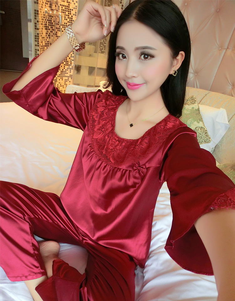 春秋薄款仿真丝睡衣女两件套装夏季蕾丝韩版女士性感丝绸家居服