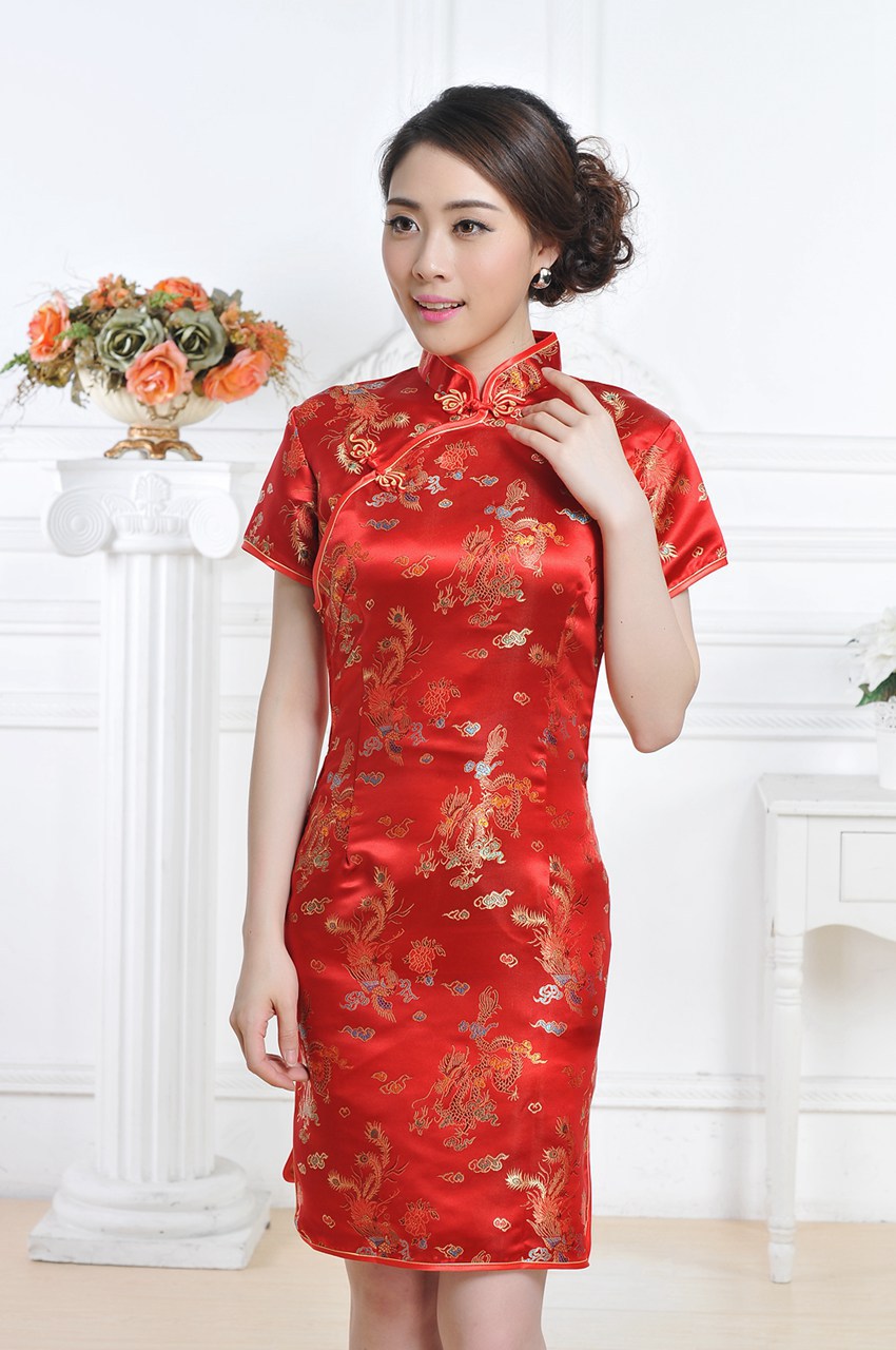 龙凤短旗袍 女士唐装夏装礼服斜襟短袖织锦缎演出服旗袍裙