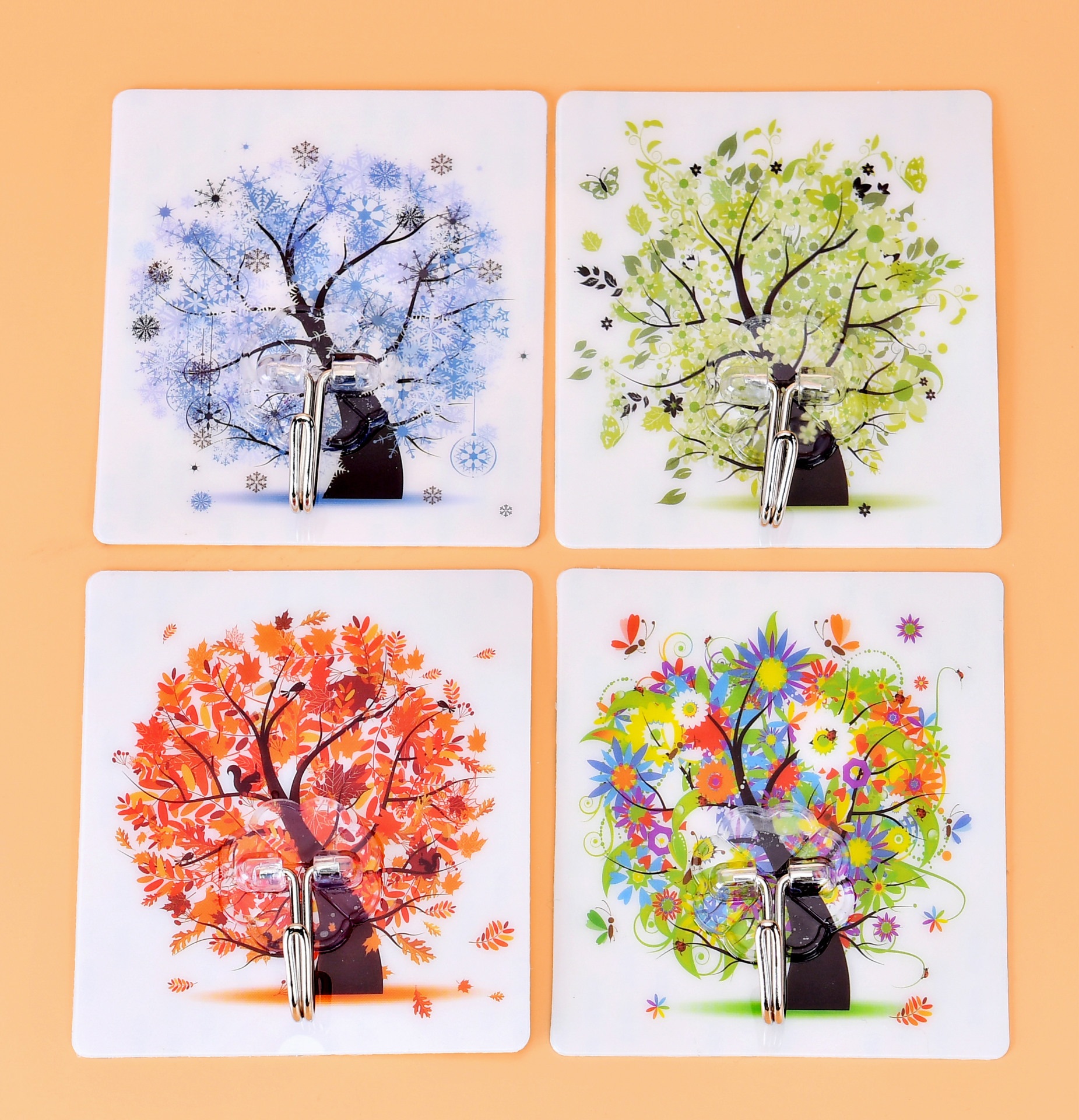 4个装免钉金属黏胶挂钩 四季树不锈钢无痕挂钩 厨房衣服门后挂钩