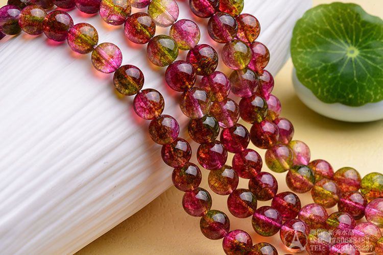 包邮 超美 西瓜碧玺爆花晶 半成品 圆珠 串珠 散珠子 diy水晶批发