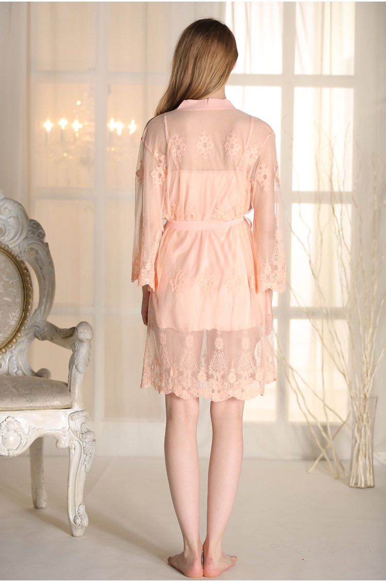 p8990女士仿真丝胸垫睡裙两件套性感蕾丝网纱刺绣睡袍