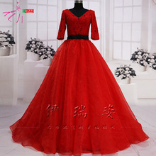 厂家直销新款V领公主裙钉珠中袖收腰拖尾红婚纱量身定制大码婚纱