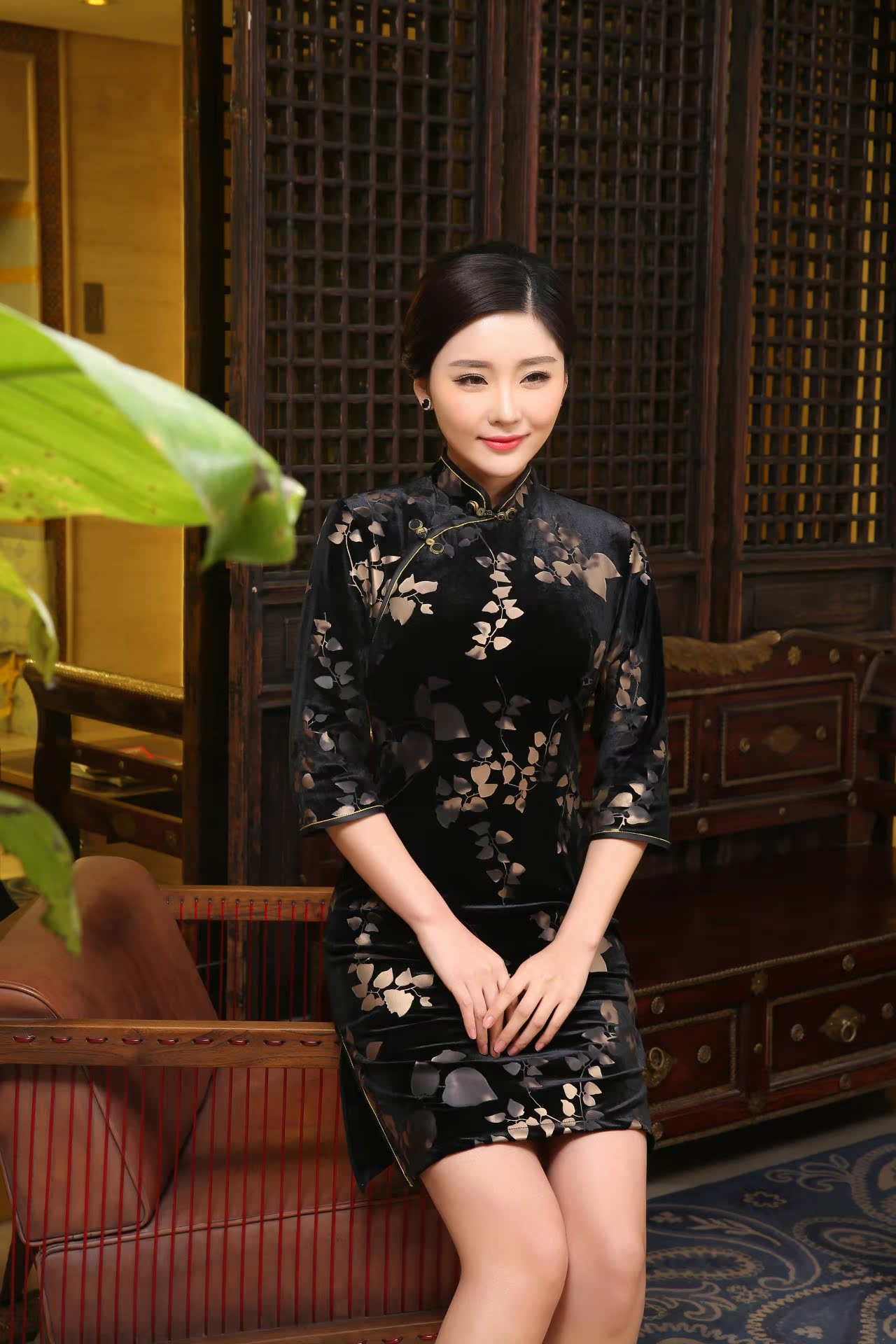 16秋冬季日常复古金丝绒旗袍 短款改良丝