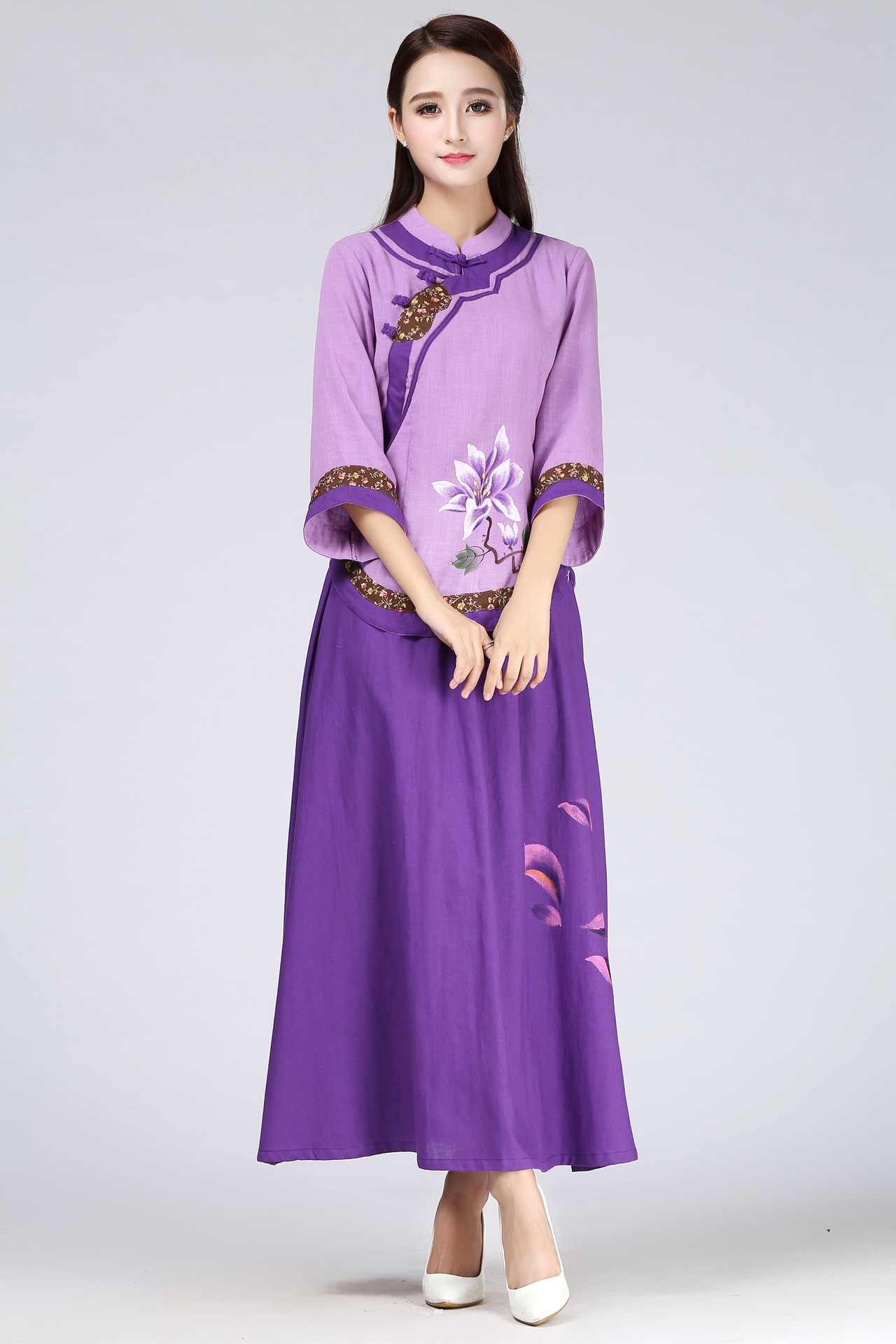 原创民国风汉服改良茶人服唐装女中长袖棉麻手绘春夏秋旗袍上衣裙