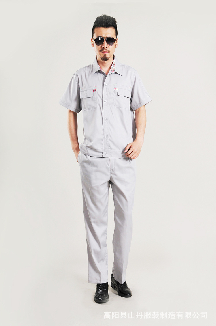 包邮夏季短袖工作服经典灰格领车间劳保服全工艺涤棉工装批发