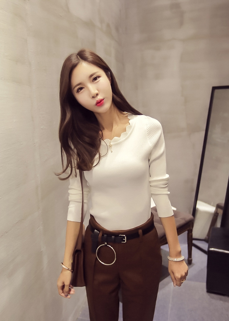 柚子夫人2016秋新款波浪领打底衫长袖修身内搭纯色短款套头针织衫