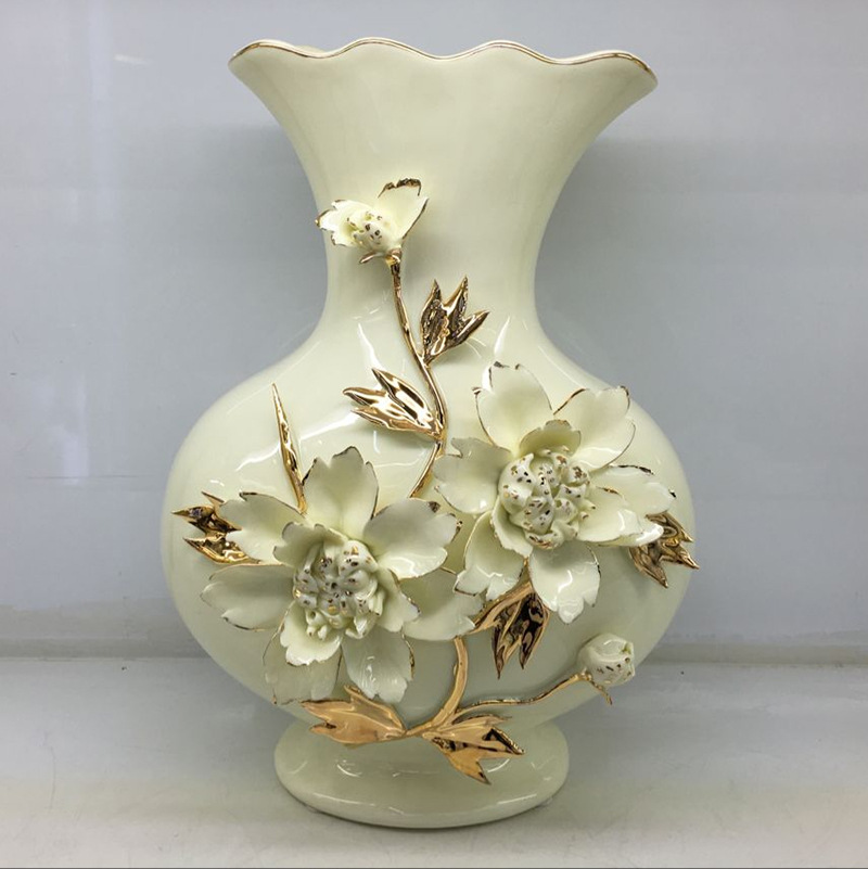 家居客厅捏花描金玫瑰花装饰品摆设批发_欣荣陶瓷_义乌购