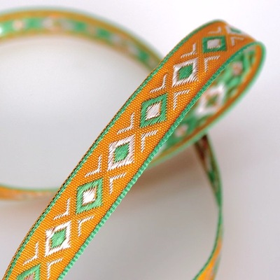 橘底绿边几何菱形图案织带 背包布艺装饰花边 宽1.2cm 量大价优