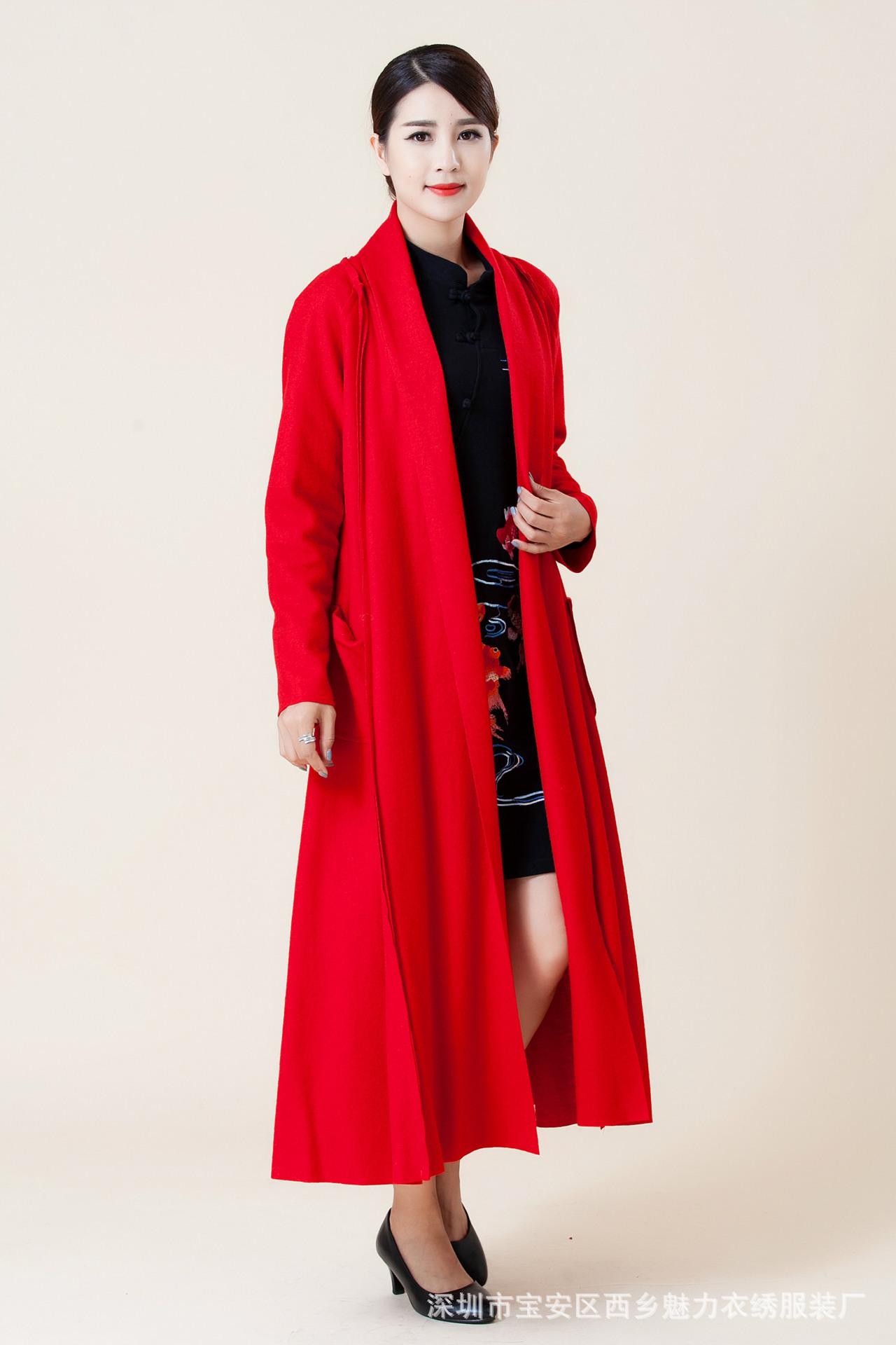 魅力衣绣民族风女装秋冬新款羊毛呢长外披绣花牡丹花长袍开衫外套