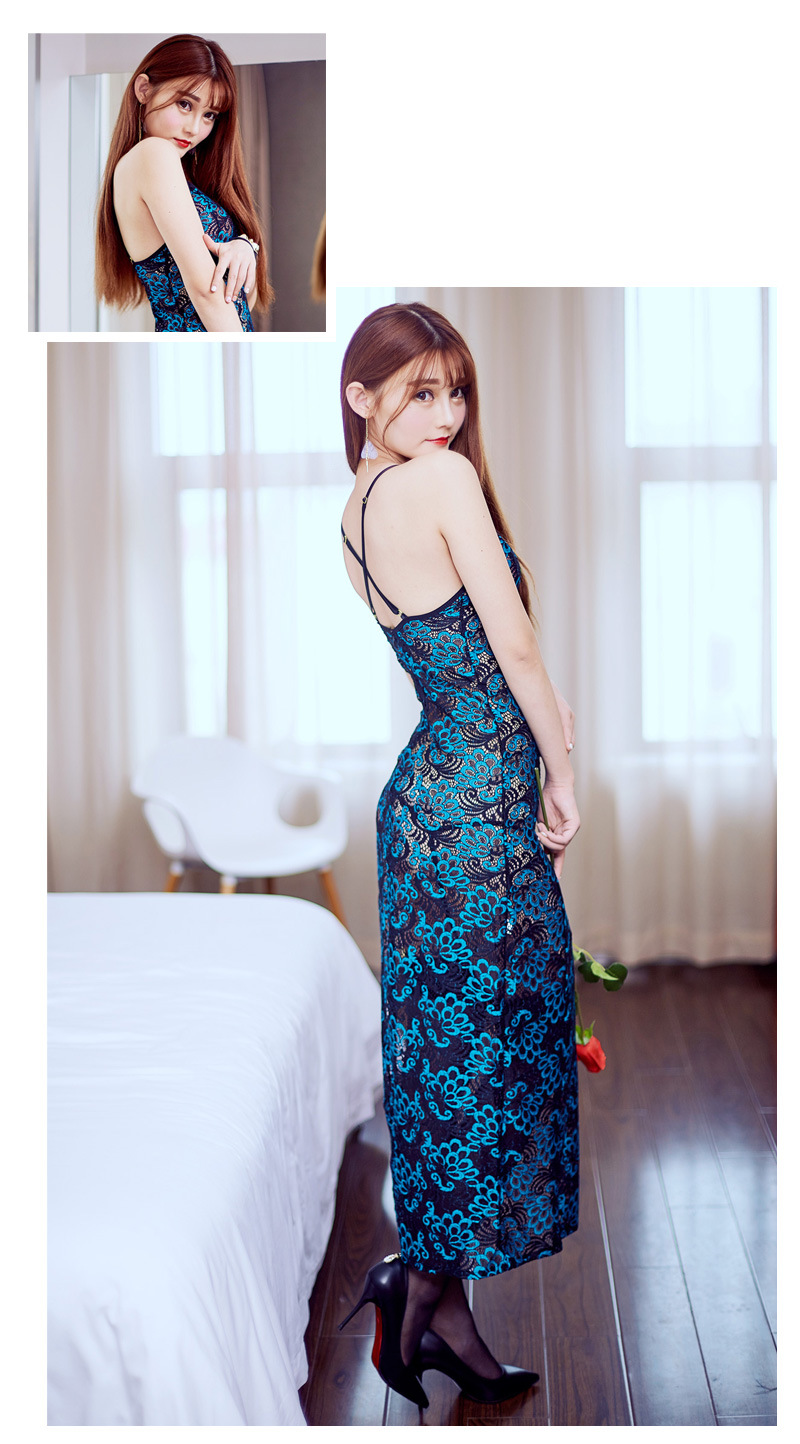 复古开叉旗袍装孔雀羽纹蕾丝性感透明吊带长裙**内衣套装 7.