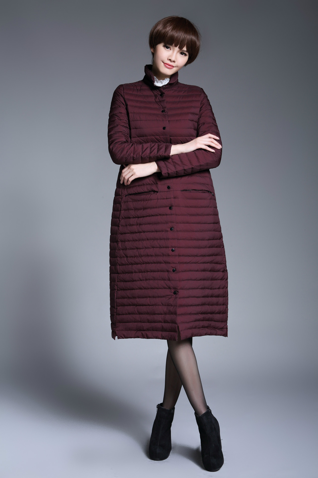欧洲站2016新款时尚过膝加长款羽绒服女超轻薄时尚立领羽绒外套