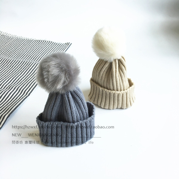 Autumn and Winter Children's Thickened Candy Color Woolen Hats with Woolen Balls Korean Warm Knitted Earflaps Cap Boys and Girls Baby Pullover