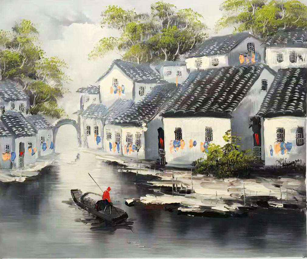 纯手绘江南水乡风景油画壁画高档装饰画墙绘专业油画厂家批发直销