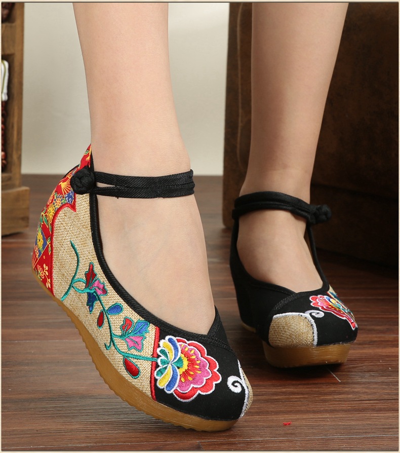 一件代发 老北京绣花布鞋舞蹈民族风绣花鞋绑带绣花鞋坡跟女单鞋