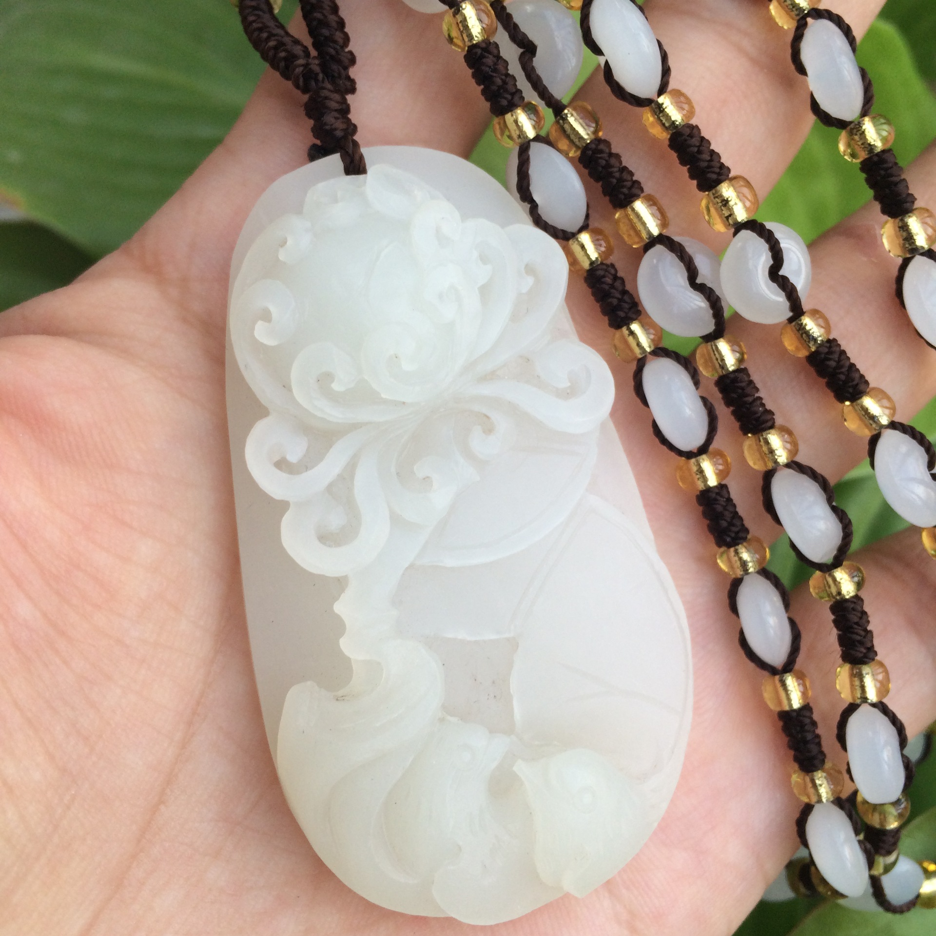 天然青海料白玉话来富贵挂件 纯手工雕刻昆仑料玉吊坠