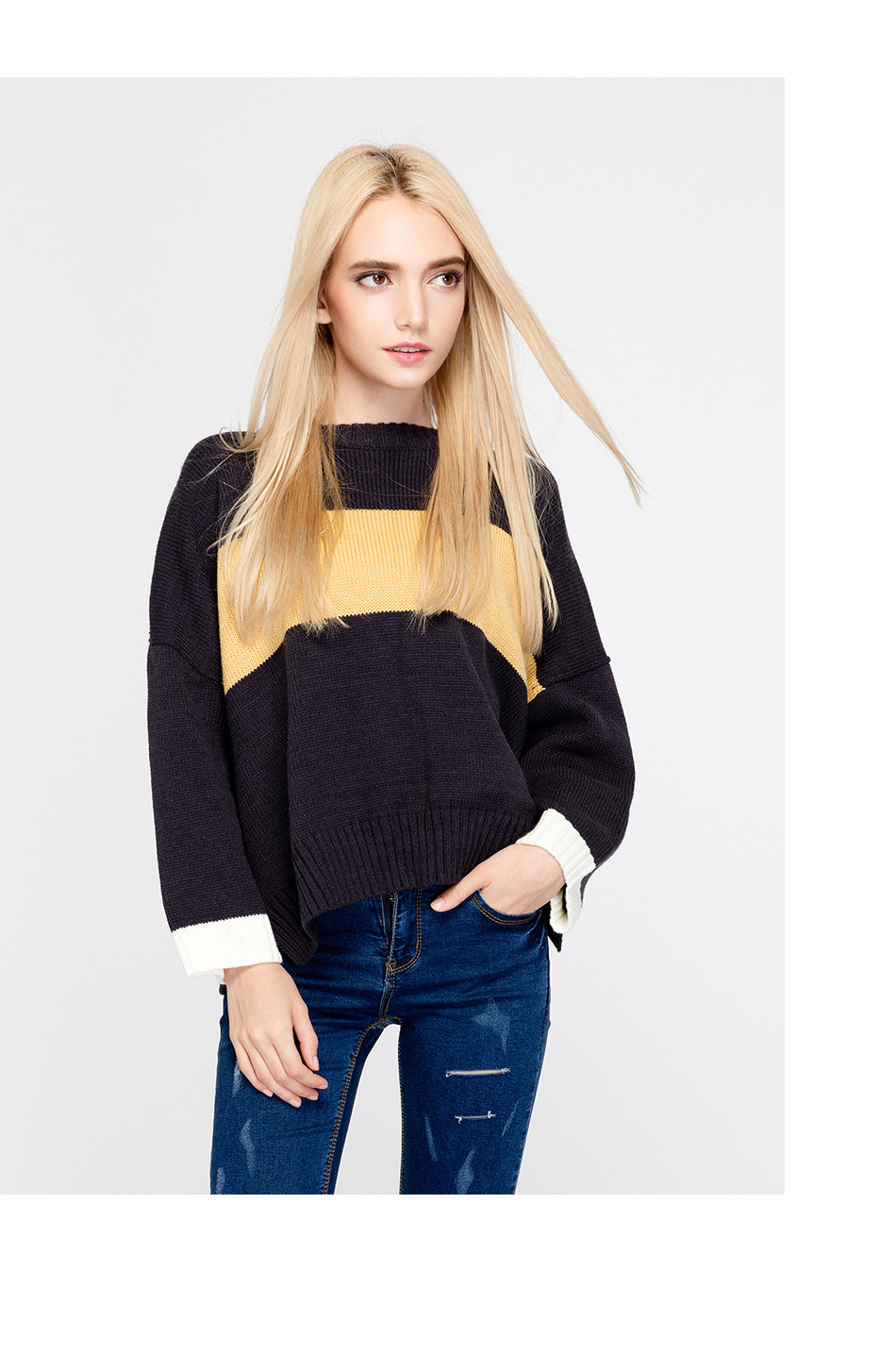 2016年秋装新款欧美版撞色圆领长袖女毛衣针织面衫针织衫女