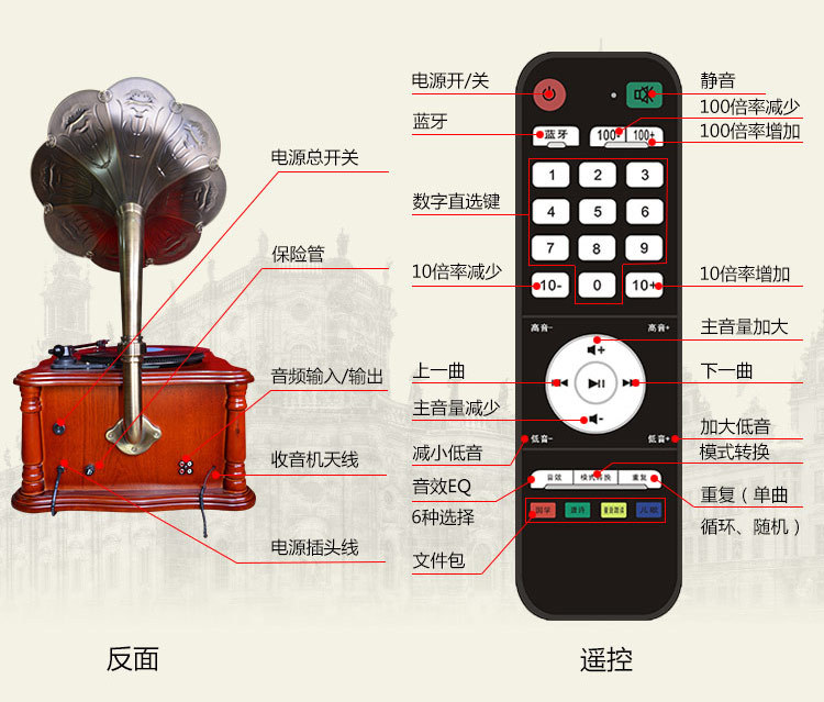 台式留声机电唱机 大喇叭仿复古蓝牙留声机摆件全新黑胶唱机