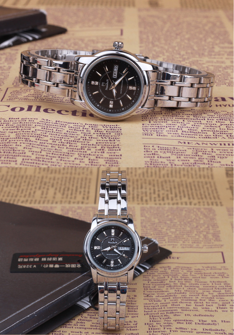 诺顿男士手表石英表防水时装女士手表双日历钢带手表男情侣手表