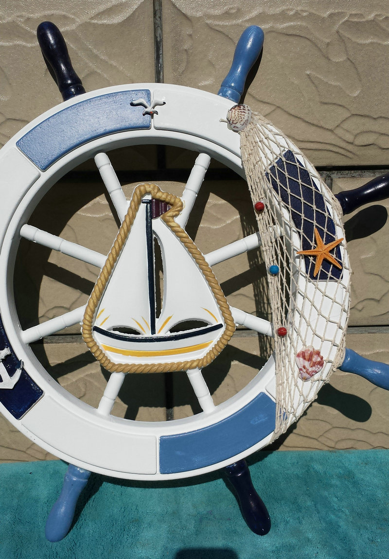 地中海风格舵手木质方向盘船舵62公分帆船舵手家居墙面装饰挂饰