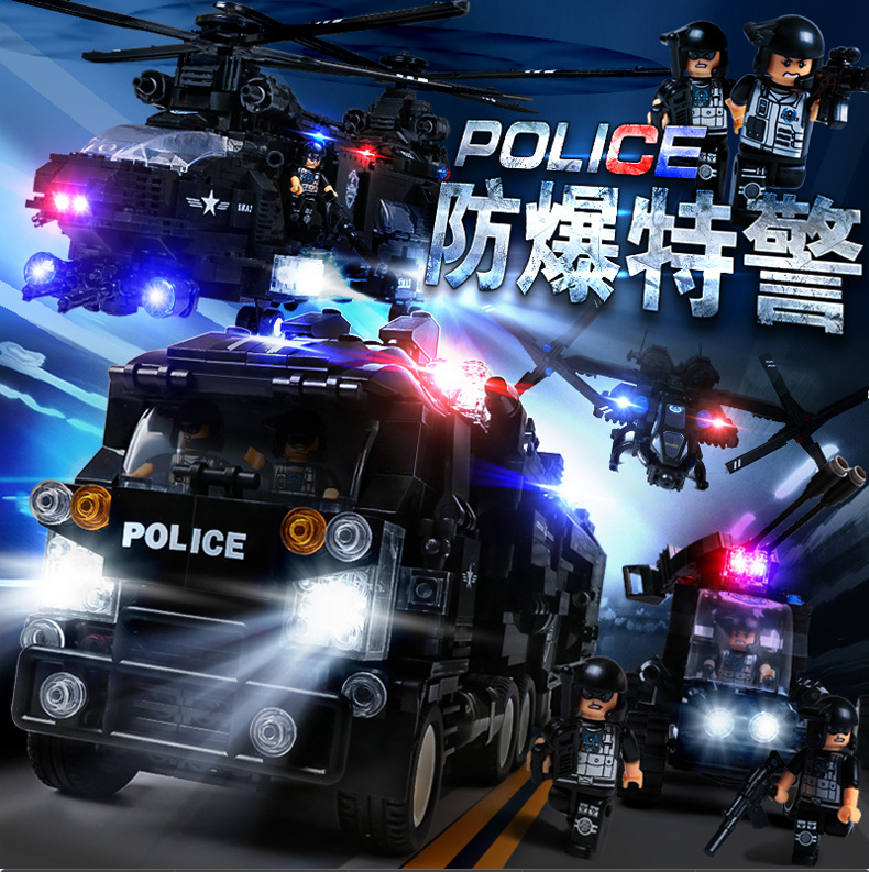 沃马积木正品小颗粒积木玩具新款特警战队捍卫者作战指挥车