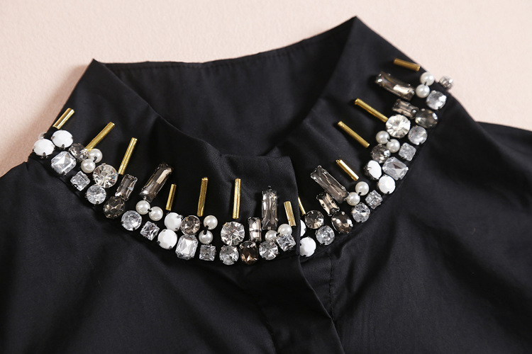 2016春秋新款欧美时尚百搭领口钉珠镶钻衬衣女立领纯色女衬衫