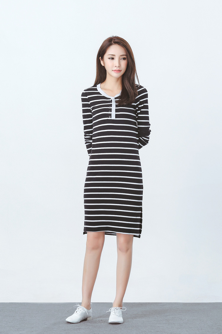 春季新款女装时尚条纹下摆开口百搭女裙长款休闲连衣裙33682