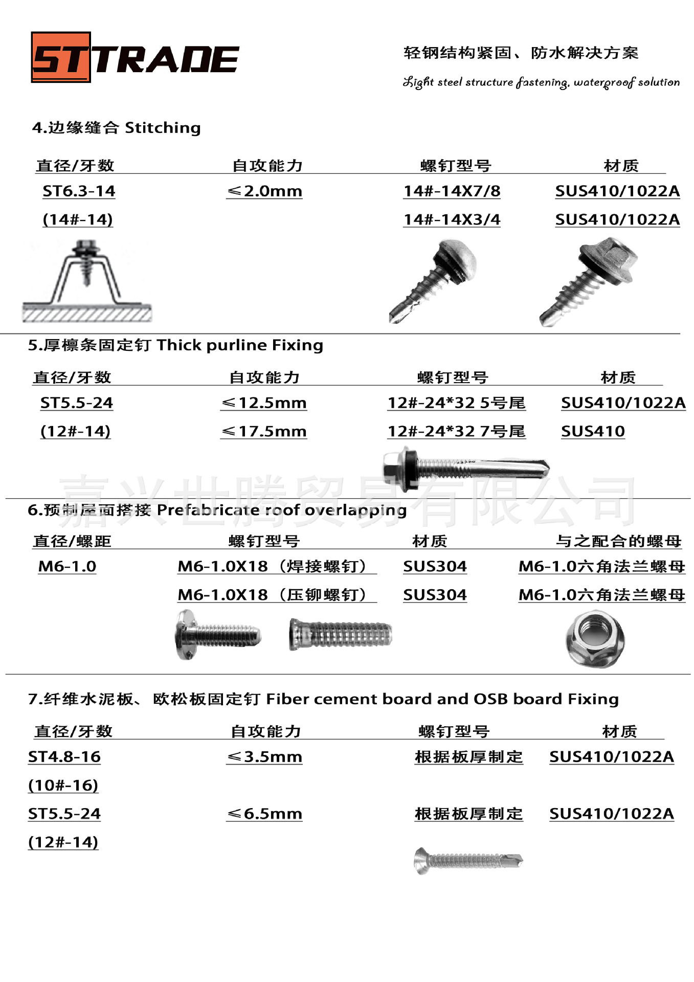 六角大华司缝合钉 瓦丝自攻自钻螺丝不锈钢钻尾螺丝不锈钢钻尾钉