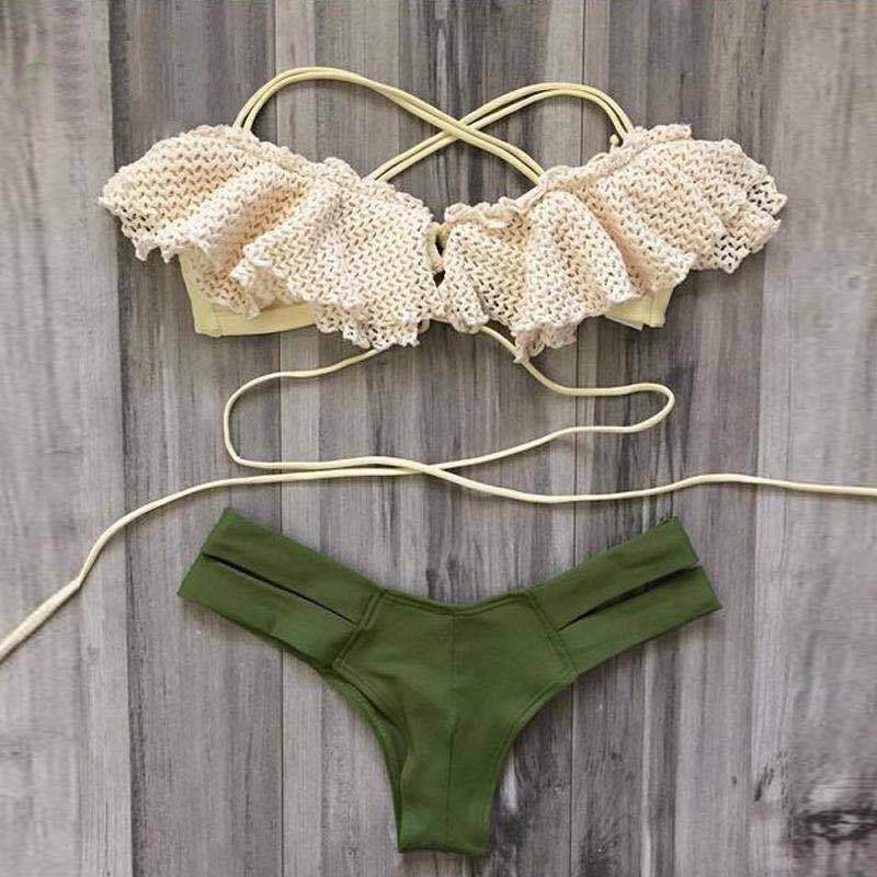 2017欧美新款比基尼外贸性感网纱聚拢绿