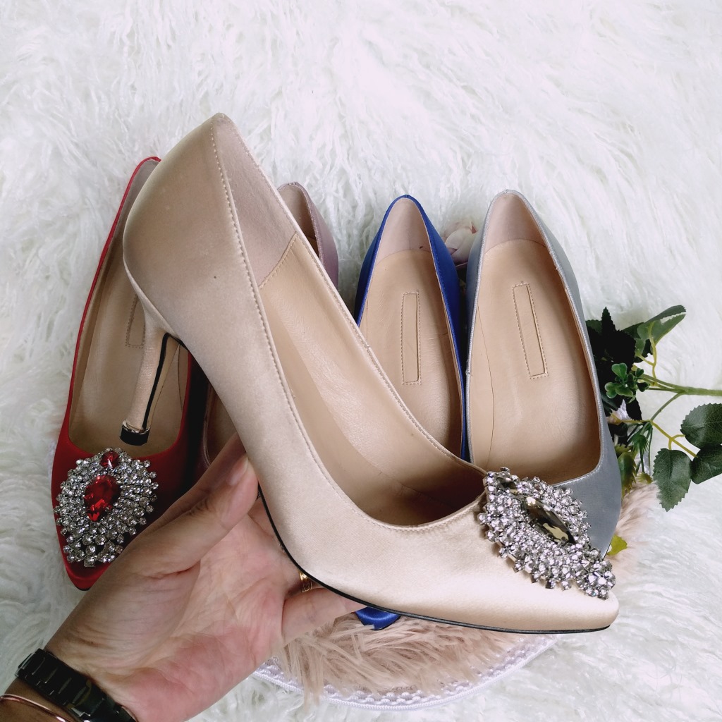 2016春夏新款尖头高跟女鞋细跟绸缎单鞋浅口方扣水钻真丝婚鞋-丝绸