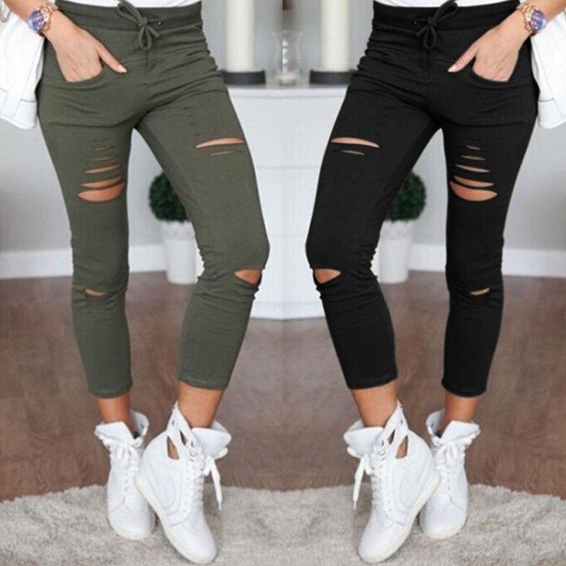 EBay Europe Foreign Trade New Pencil Pants Summer Hot Sale Broken Holes Pants Women's Leggings Factory in Stock