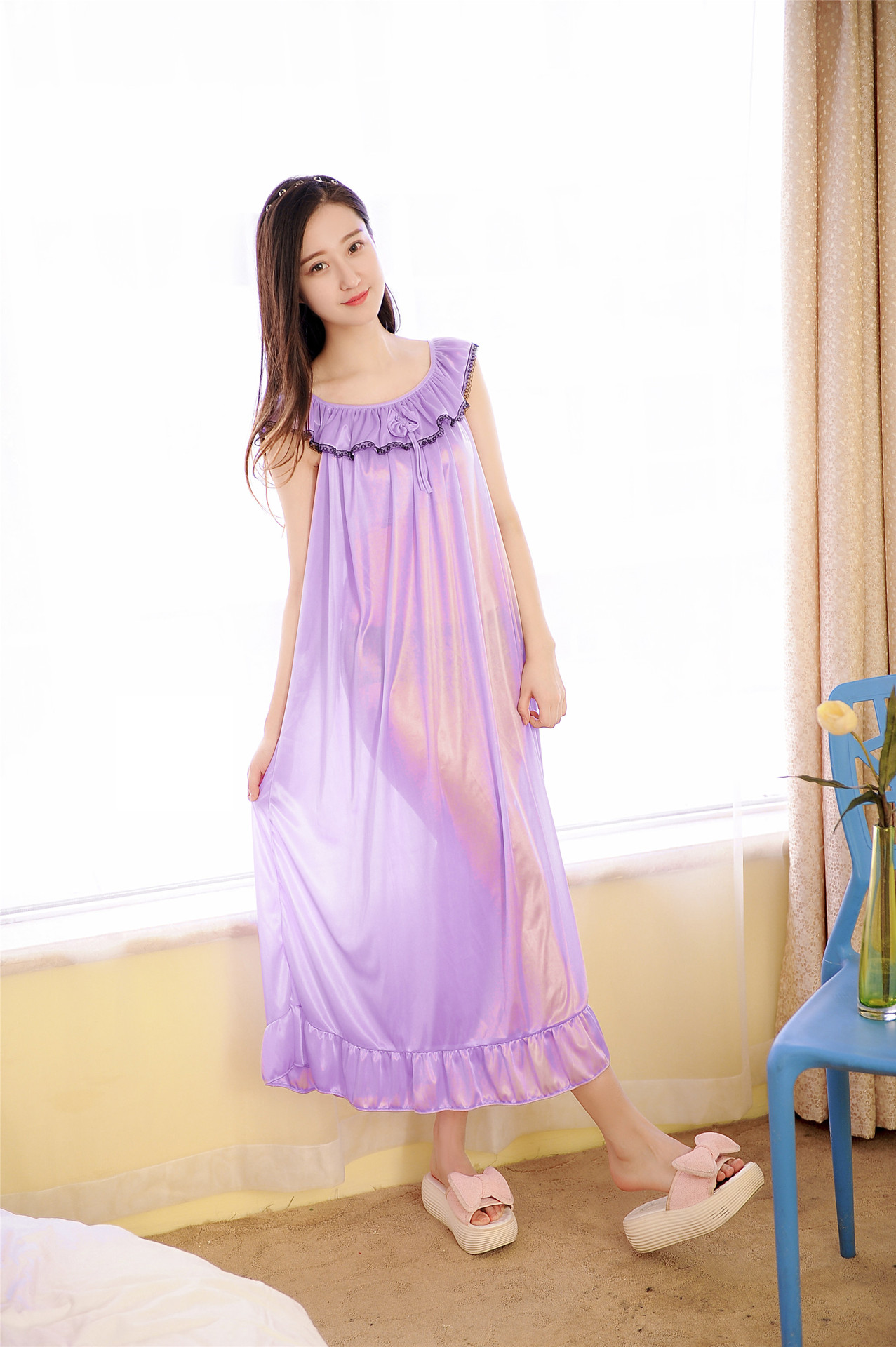 性感蕾丝绸睡衣连体夏季女士家居服冰丝短袖睡裙加肥加大码批发