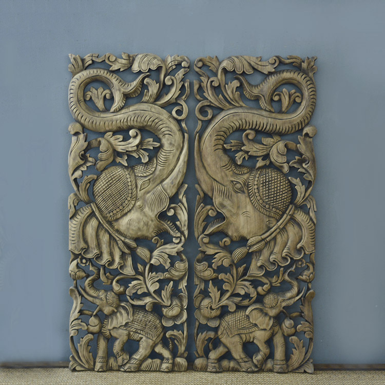 泰国进口 90*34cm东南亚风格大象柚木浮雕挂件 雕板102448
