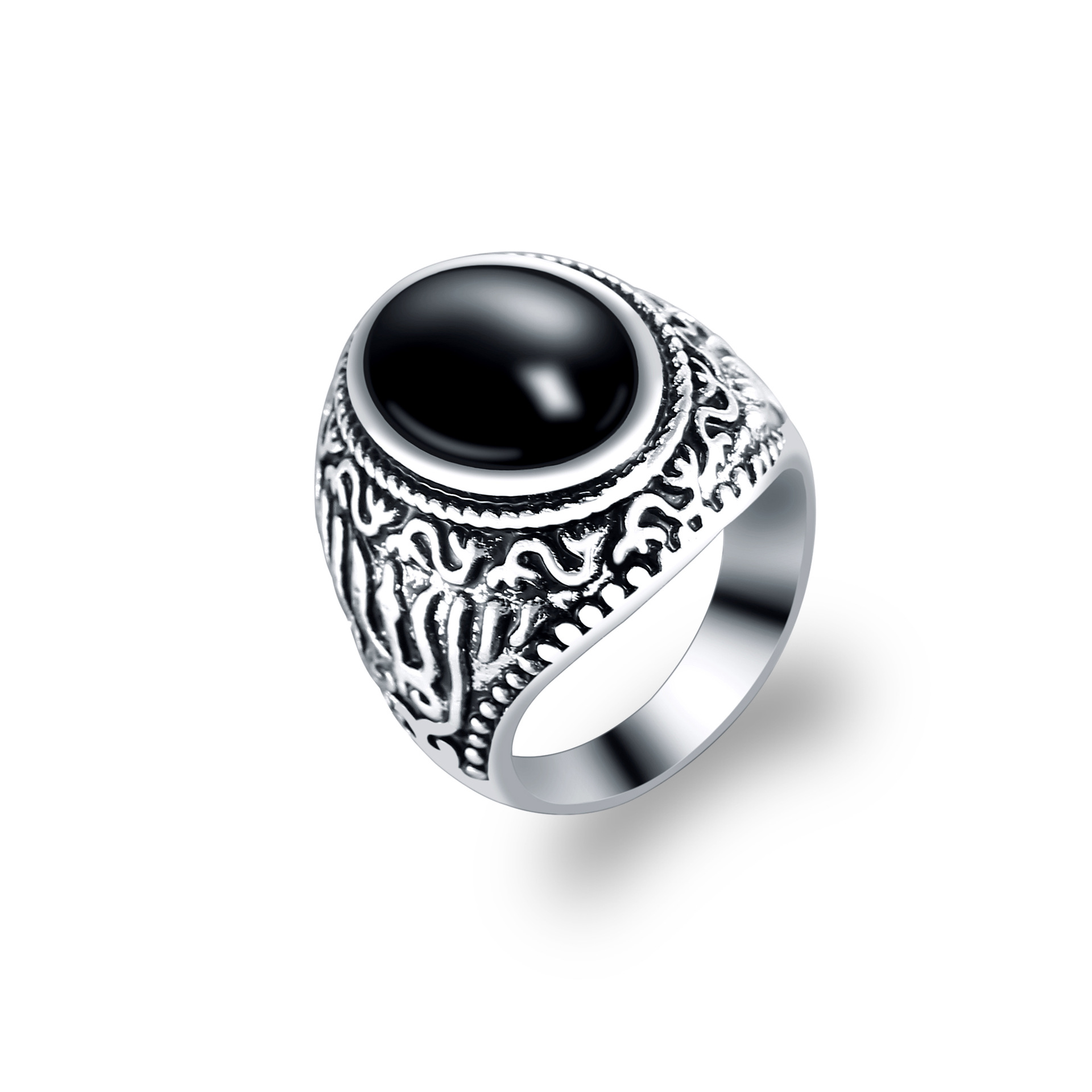 新款欧式古典朋克猫眼石做旧镀银雕刻图腾男士戒指wish热卖a3014