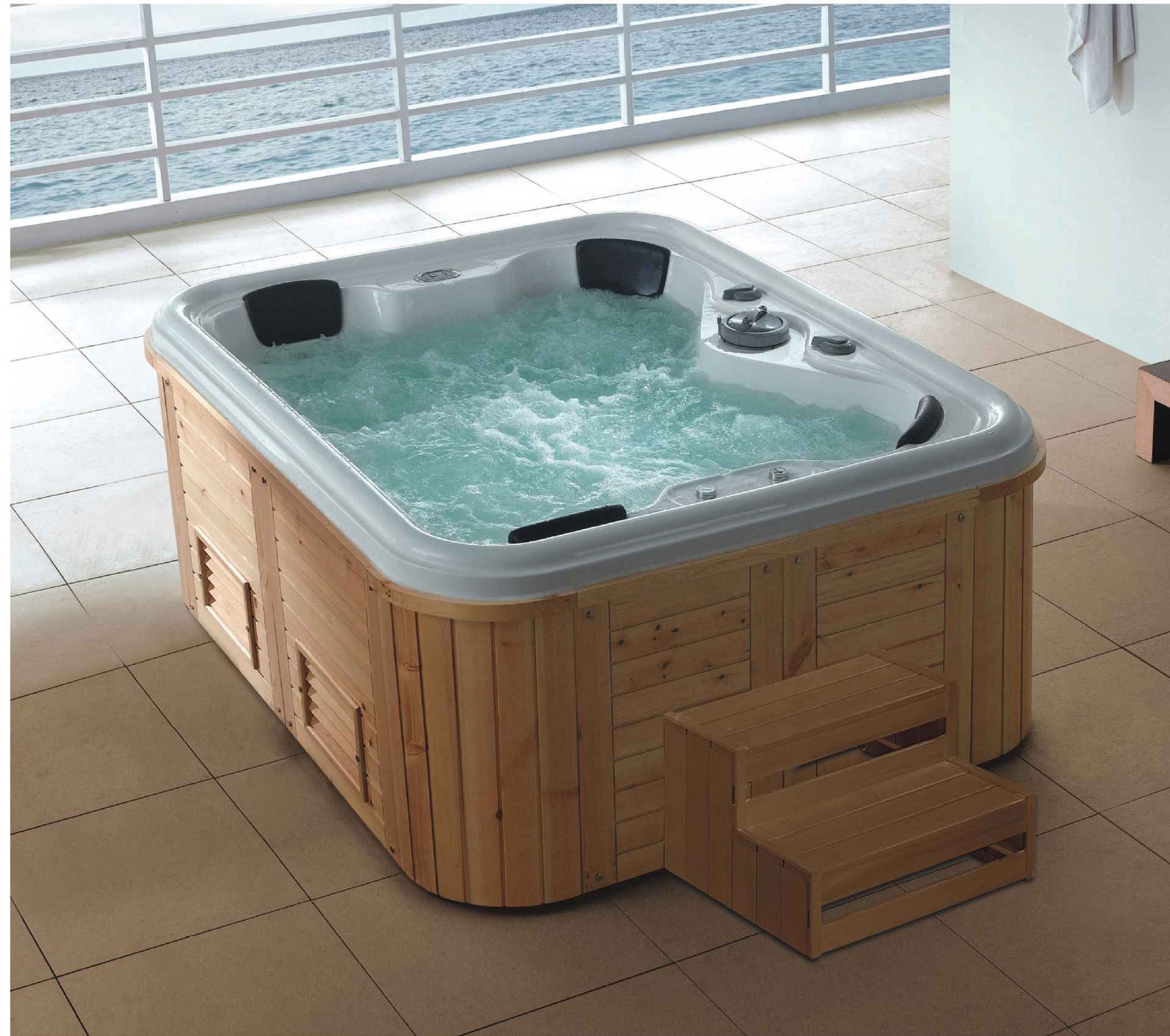 户外水疗按摩亚克力冲浪浴缸大池智能独立式浴缸木镶边浴池8006