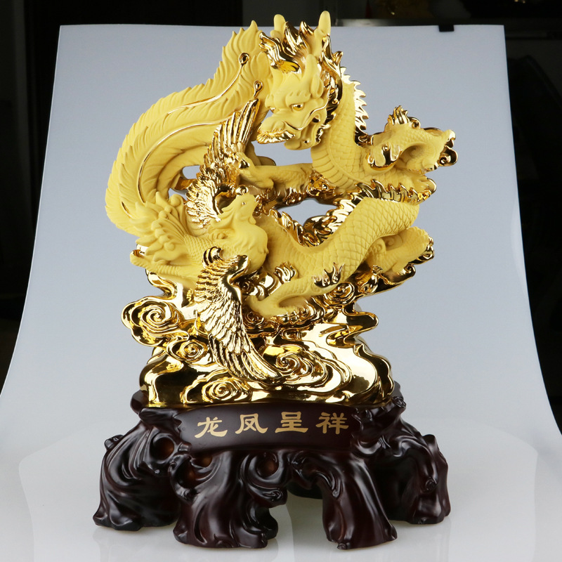 雅信精品家居客厅办公室装饰工艺品摆件龙凤呈祥结婚礼物品绒沙金