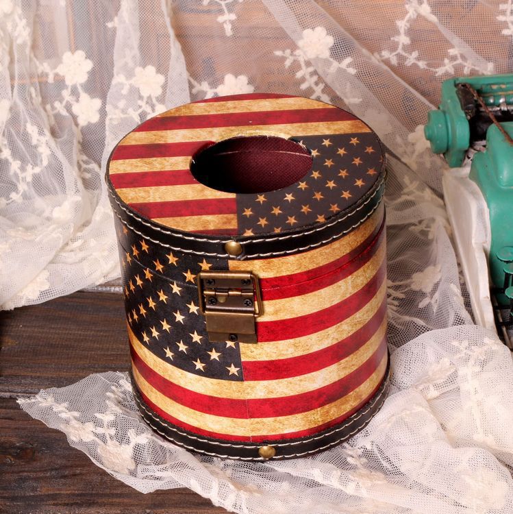 复古怀旧米字旗pu皮革圆筒纸巾盒美国星条旗经典国旗图案卷纸抽