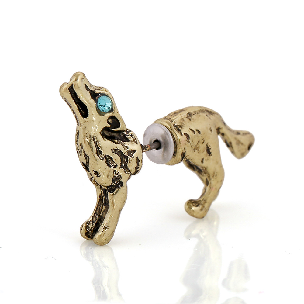 外贸热销合金耳饰 欧美时尚个性金属质感金色立体狼穿刺耳钉耳环