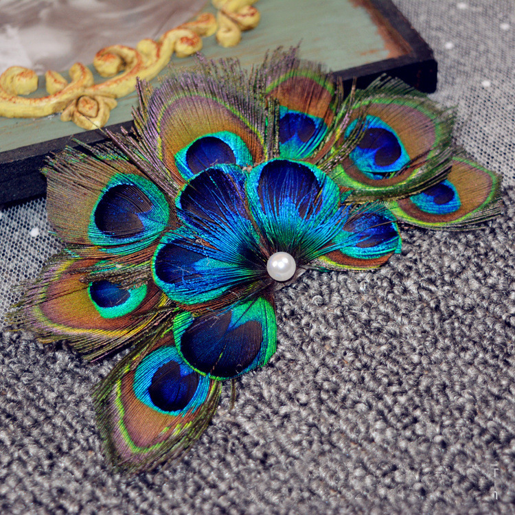 厂家批发珍珠孔雀羽毛发饰新娘头花 舞台演出婚纱拍照头饰发夹