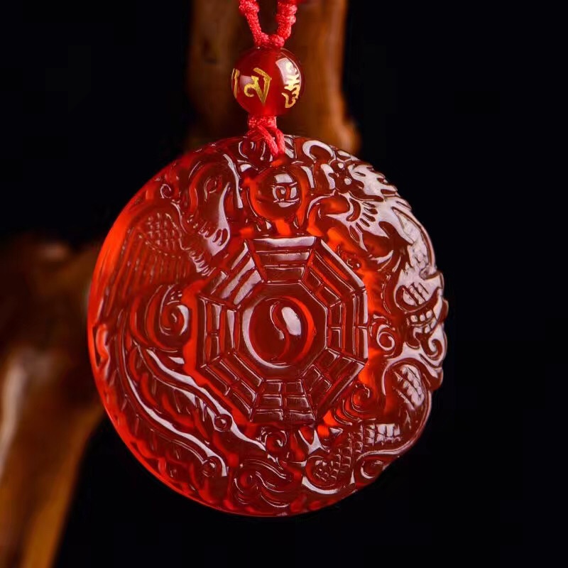 天然红玛瑙黑曜石龙凤八卦吊坠男女款项链 五行转运 一件代发