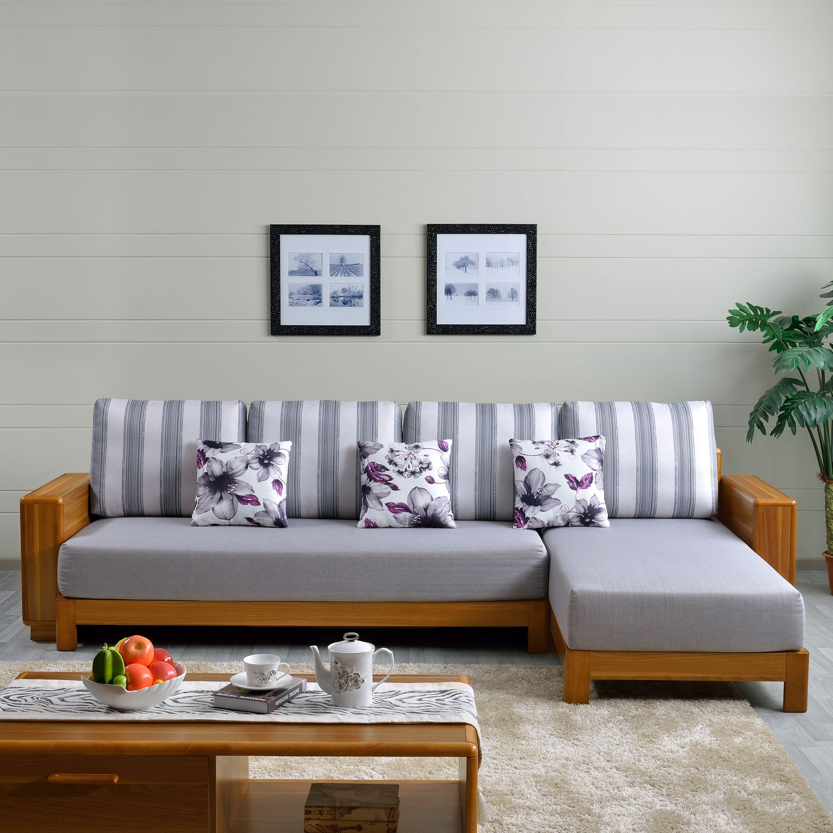 中式实木沙发客厅贵妃转角橡木沙发多功能可拆洗布沙发茶几组合