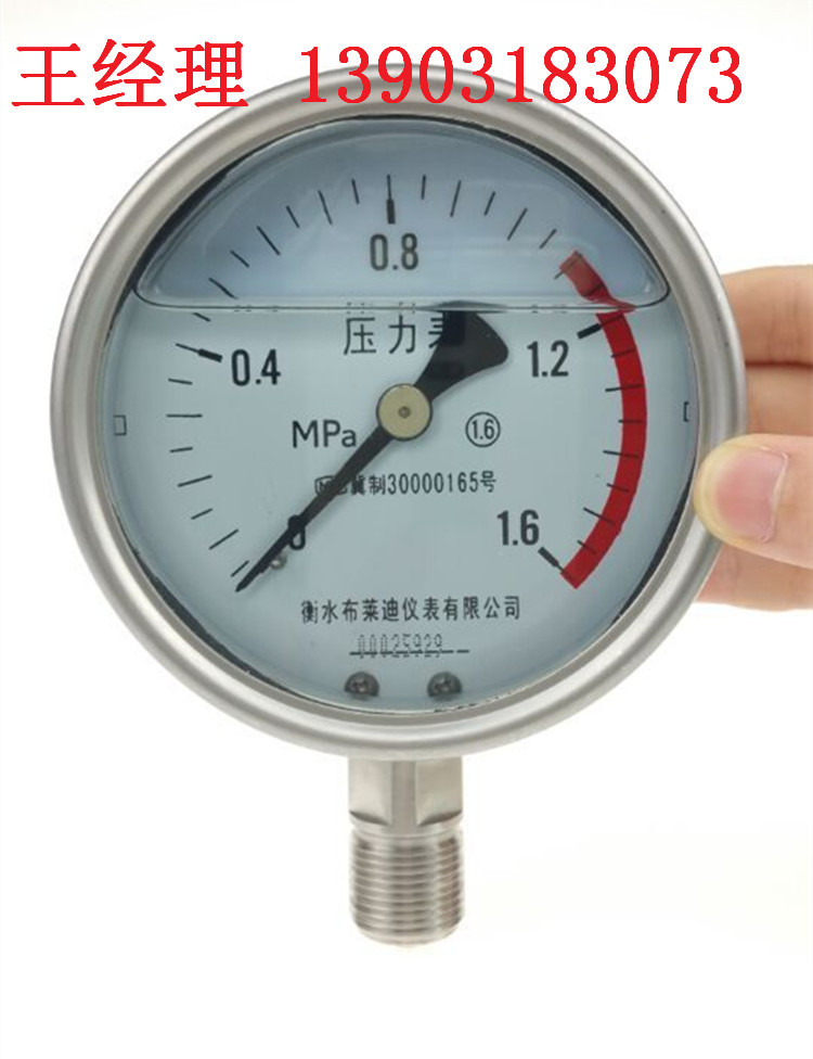 衡水布莱迪 不锈钢耐震压力表ytn-100b 0-1.6mpa