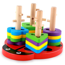 木制形状颜色认识玩具甲壳虫四柱套柱积木儿童益智早教玩具批发