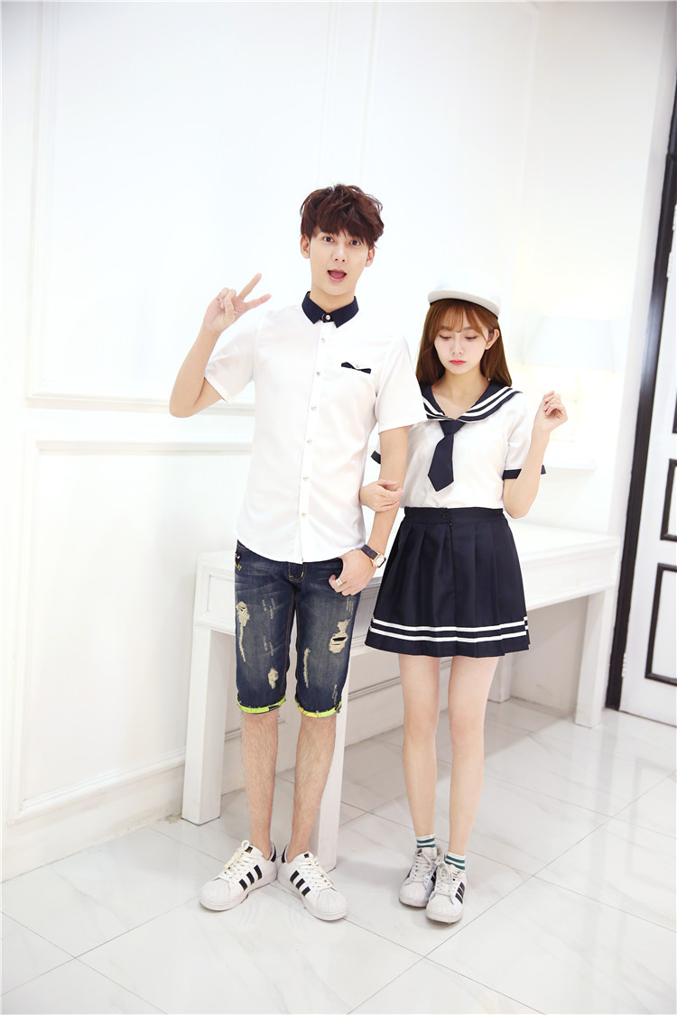 实拍春季情侣衬衫领带可爱女学生服水手服套装女39元男28元 6057