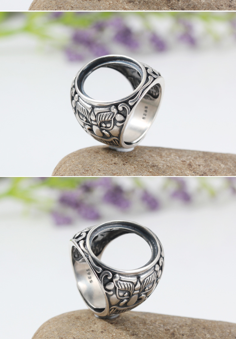 xd 16*20 925银泰银戒指托 男士戒托 可配琥珀蜜蜡 复古霸气侧漏