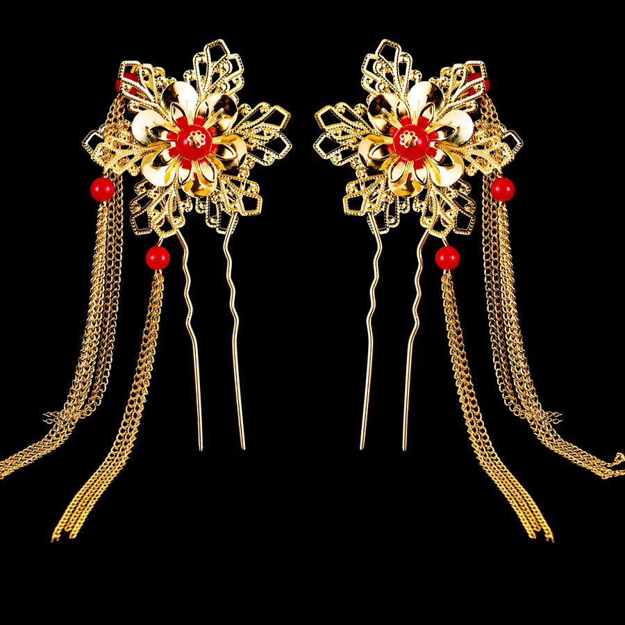 新娘头饰古装发梳复古中式红色珍珠结婚秀禾服步摇头饰凤冠饰品