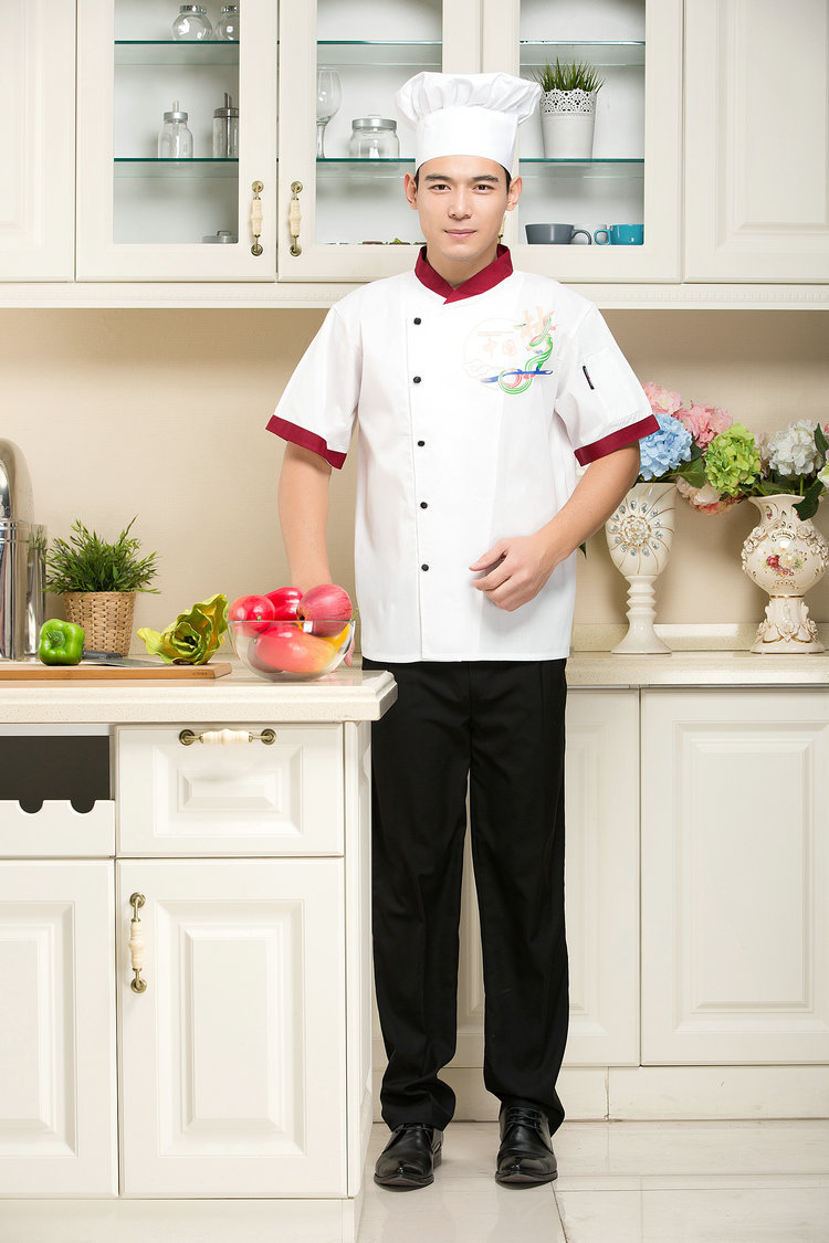中国梦白布红领厨师长厨师服 酒店餐厅饭店厨师长工作服夏装