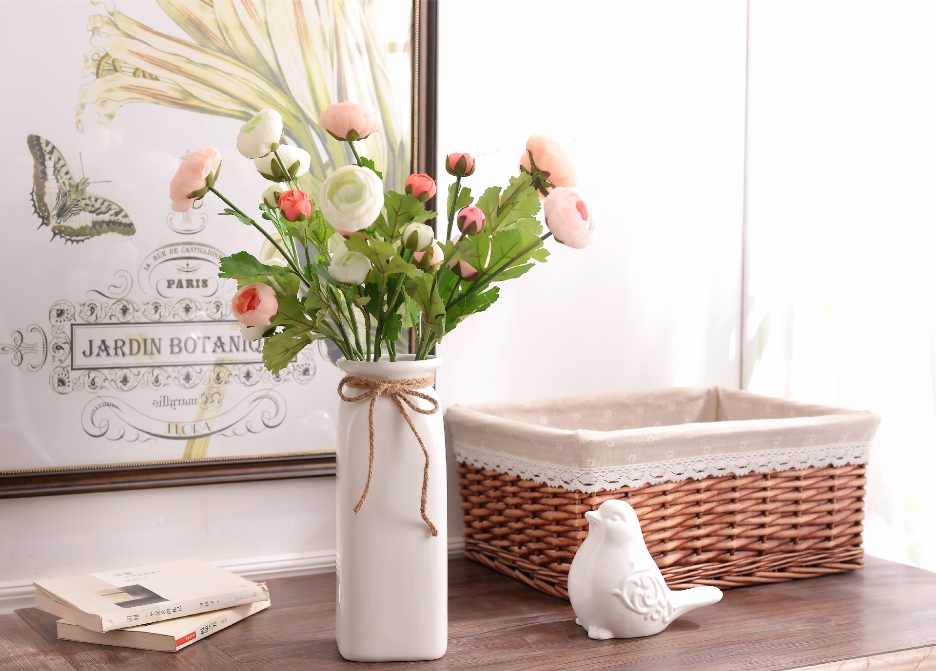 生产批发白色陶瓷花瓶三件套带麻绳蝴蝶结文艺小清新花器摆件大号