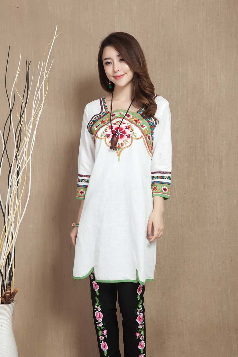 魅力衣绣民族风女装棉麻连衣裙绣花中裙七分袖复古中长款裙云南夏