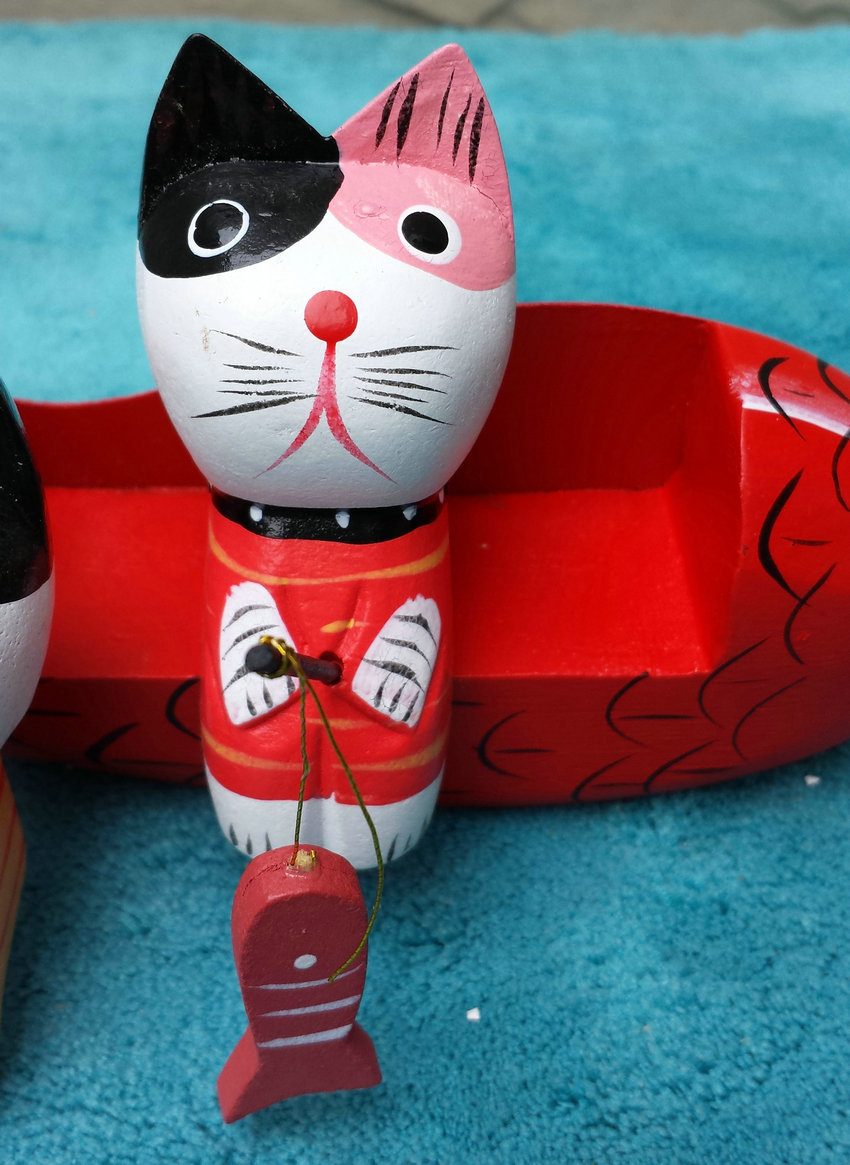 地中海风格创意小猫钓鱼木鱼沙发木质桌面摆件家居客厅幼儿园装饰