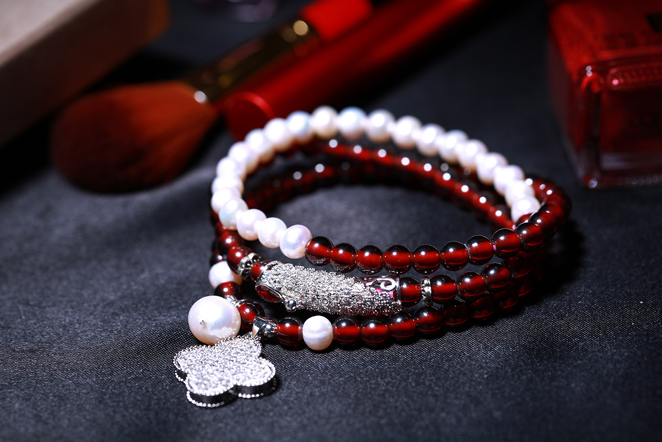 原创 天然石榴石多圈手链 白珍珠配925